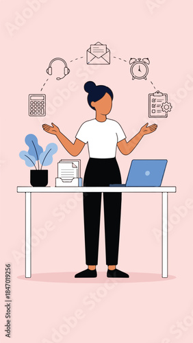 Woman managing multiple icons including calls messages and calendar at desk