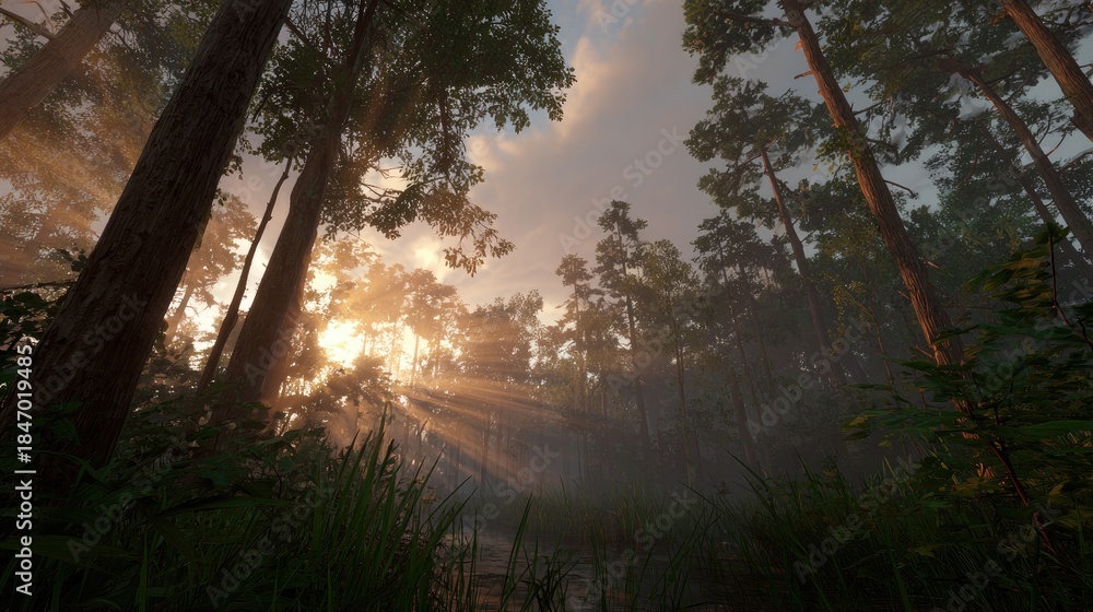 Fototapeta premium foggy forest at dawn with warm sunlight beams, realistic textures, no people 