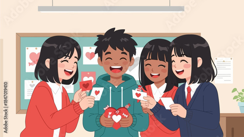 This flat design vector illustration captures a diverse group of cute anime friends happily exchanging Valentine's Day cards and candies in a school setting