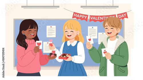 This flat design vector illustration captures a diverse group of cute anime friends happily exchanging Valentine's Day cards and candies in a school setting
