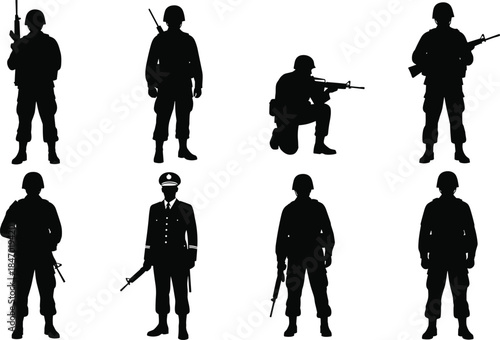 Set of eight black silhouettes of soldiers holding guns and rifles, standing and kneeling, isolated on white background for military design.