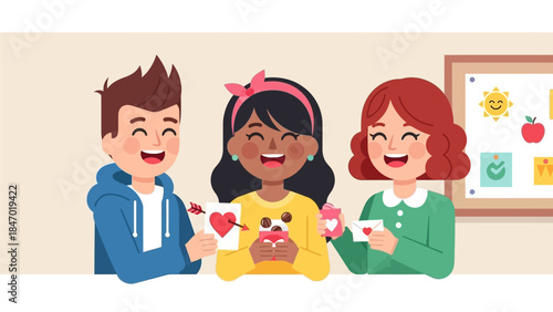 This flat design vector illustration captures a diverse group of cute anime friends happily exchanging Valentine's Day cards and candies in a school setting