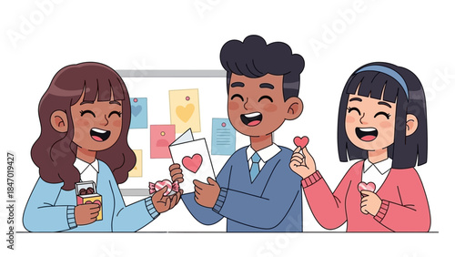 This flat design vector illustration captures a diverse group of cute anime friends happily exchanging Valentine's Day cards and candies in a school setting