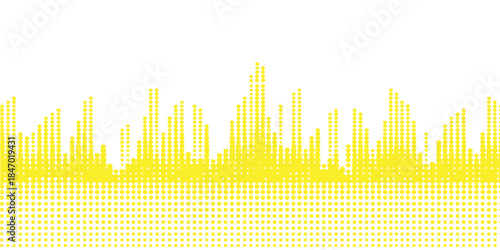 Abstract music background featuring a blue digital audio wave vector and business growth equalizer bar chart over a modern city skyline cityscape illustration for financial market success technology