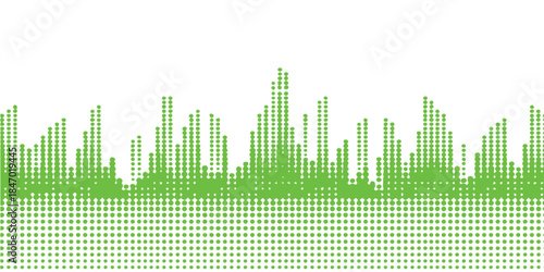 Abstract green sound wave diagram of a city skyline architecture for a technology business concept