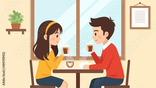 A charming flat design illustration portrays a cute anime couple enjoying a romantic cafe date, sharing affectionate glances over drinks with heart-shaped latte art.