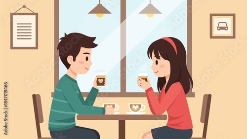 A charming flat design illustration portrays a cute anime couple enjoying a romantic cafe date, sharing affectionate glances over drinks with heart-shaped latte art.