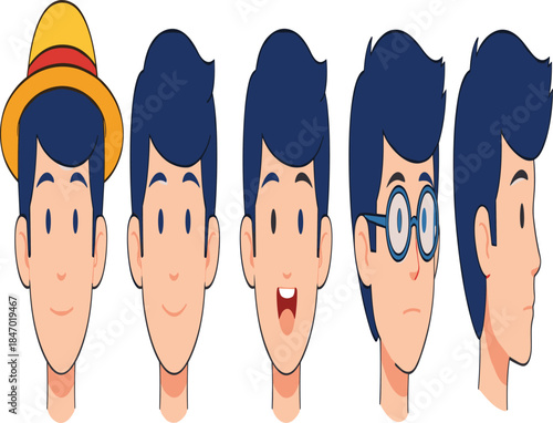 Set of Male Character Face Expressions Vector Illustration Including Straw Hat Glasses Happy and Side Profile.