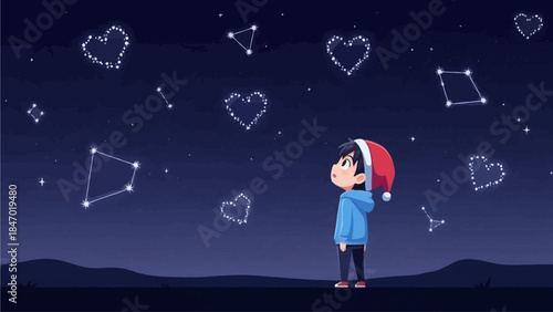UntitledThis flat design vector illustration depicts a cute anime boy gazing with wonder at a magical night sky, where stars form beautiful heart constellations