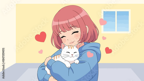 A tender flat design illustration showcases a cute anime girl lovingly cuddling a fluffy cat, surrounded by floating hearts, depicting a moment of pure affection