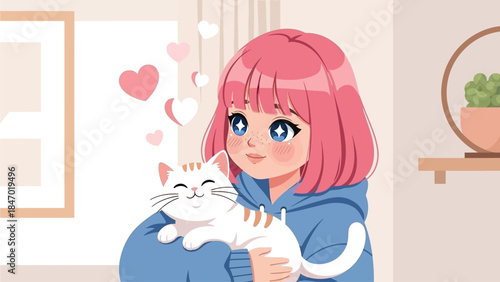 A tender flat design illustration showcases a cute anime girl lovingly cuddling a fluffy cat, surrounded by floating hearts, depicting a moment of pure affection