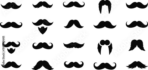 Set of eight different black mustache silhouettes, including prominent, curly, bushy, and handlebar styles, vintage barber shop and gentleman male fashion accessories vector illustration.