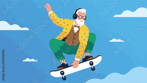 Senior man in stylish clothes riding skateboard and wearing headphones