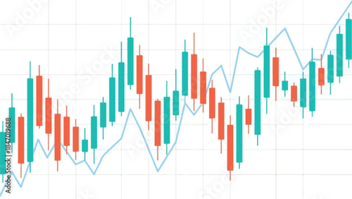 Financial candlestick chart with market trend line and daily volume bars