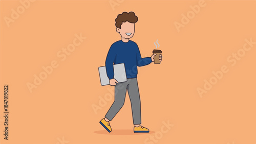 Smiling man walking with laptop and hot coffee, minimalist illustration