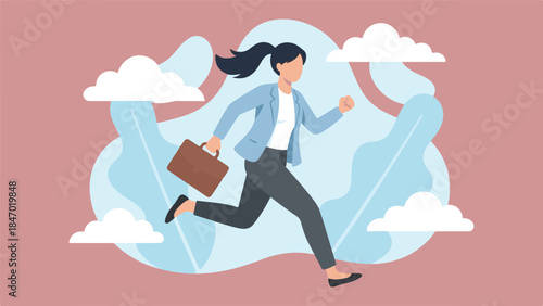 Professional businesswoman running with briefcase towards success