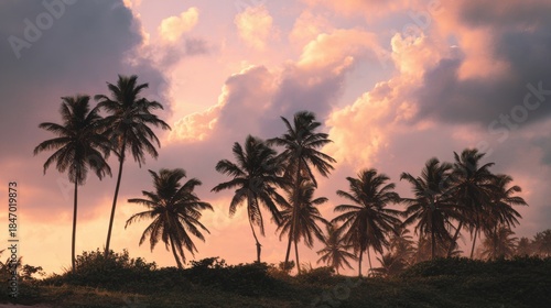 Silhouetted palm trees rise against a colorful sunset sky, casting shadows on the beach. The tranquil atmosphere reflects the beauty of nature at dusk along the coast.