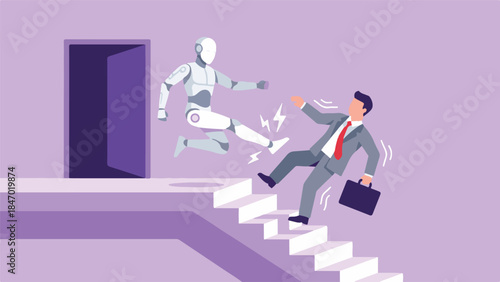 Robot kicking businessman out of office door career automation concept