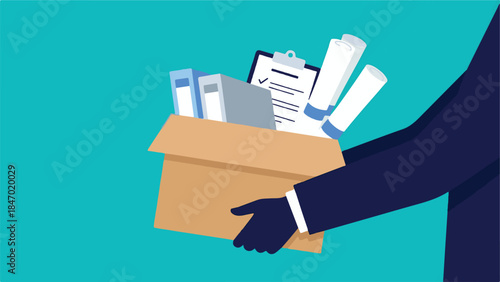 Business person hand holding a cardboard box filled with office files