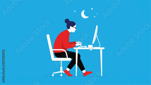 Woman working on computer at night, flat minimalist illustration