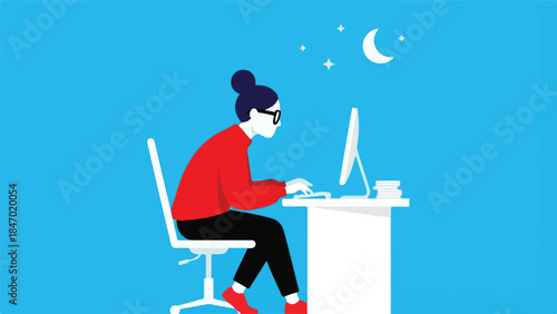 Woman working on computer at night, flat minimalist illustration