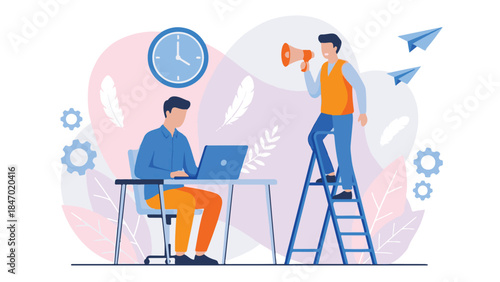 Office worker multitasking with clock and service worker on ladder