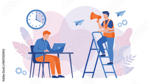 Manager giving urgent instructions to employee working on laptop, deadline concept