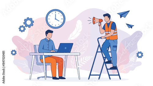 Office worker multitasking with clock and service worker on ladder