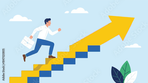 Businessman running up stairs shaped like a rising growth arrow