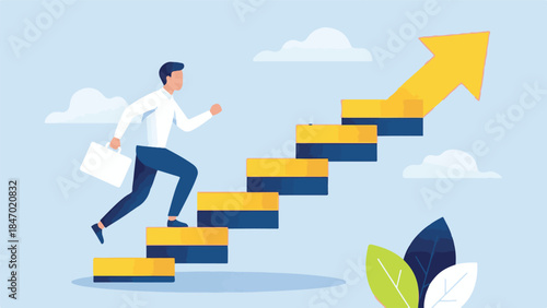 Businessman running up stairs shaped like a rising growth arrow