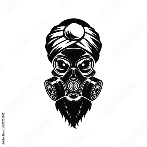 Mysterious figure wearing a turban and gas mask with a beard black and white illustration