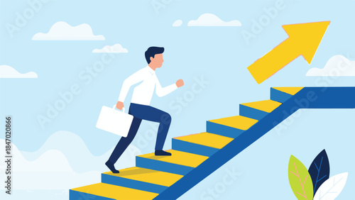 Businessman running up stairs shaped like a rising growth arrow