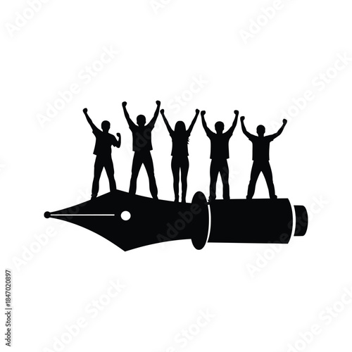 Group of diverse people celebrating victory standing on a large fountain pen symbolizing writing and creativity