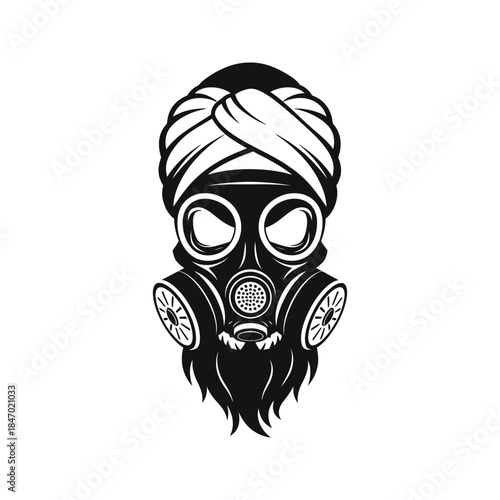Stylized black silhouette of a person wearing a gas mask and turban against a white background