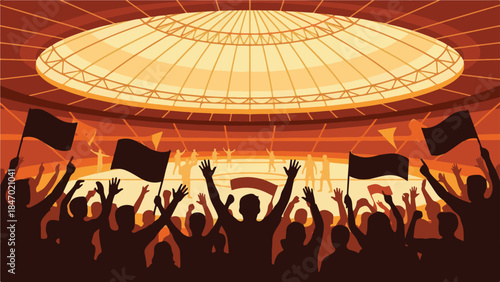 Crowd of fans cheering in a large stadium with flags under lights