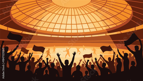 Crowd of fans cheering in a large stadium with flags under lights