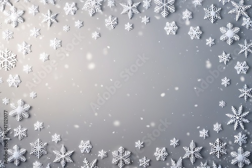 Winter background with white snowflakes frame on soft gray backdrop, festive snowfall border design with copy space for Christmas and holiday greeting
