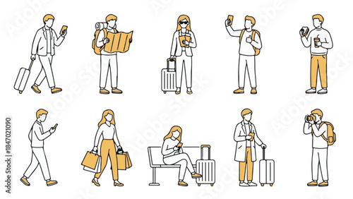 Set of flat line characters traveling with luggage and maps