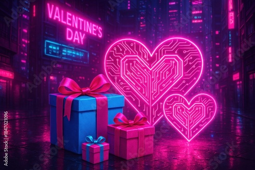 Neon hearts and colorful gifts illuminate a futuristic urban backdrop, celebrating valentine's day with a modern twist.