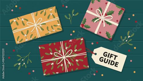 Flat lay of gifts with gift guide tag