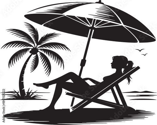 Monochrome silhouette of a woman relaxing on a beach chair under an umbrella next to a palm tree