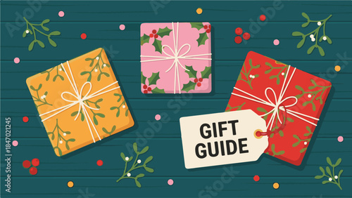 Flat lay of gifts with gift guide tag