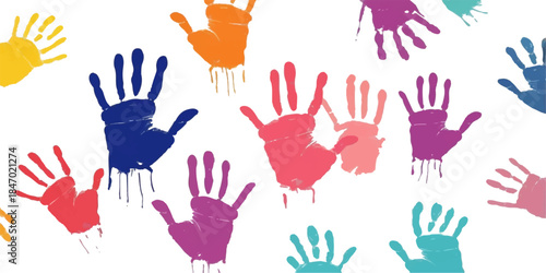 Colorful group of children's hand prints vector illustration for art, charity, volunteer, or voting design