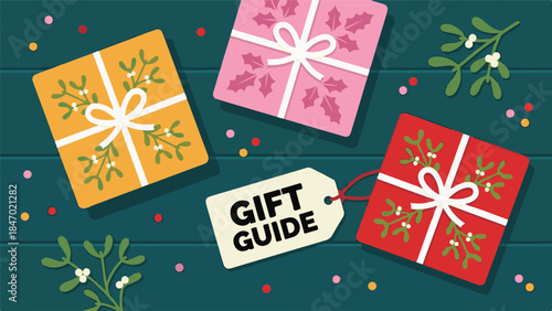 Flat lay of gifts with gift guide tag