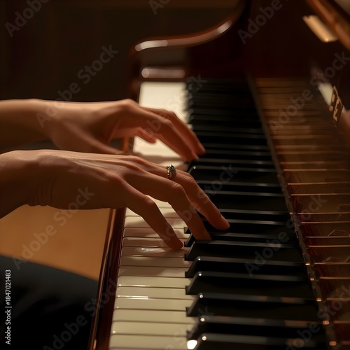 Hands Playing Piano in Warm Light, Classical Music Performance