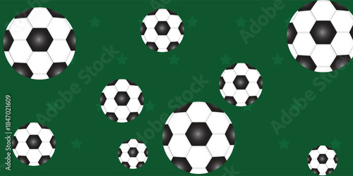 Soccer Ball Seamless Pattern. Soccer balls over green field. Seamless background. Vector illustration