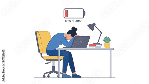 Burnout and exhaustion at work, woman with low charge battery symbol above head