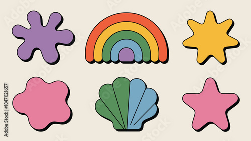 Vibrant colorful stickers of rainbow, stars, and seashell