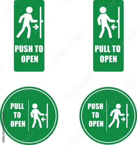 Push and Pull Door Signs Set with Human Icon Green Safety Instruction Labels for Public Buildings and Offices