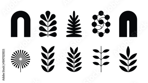 Modern minimalist leaf and archway black icons on white